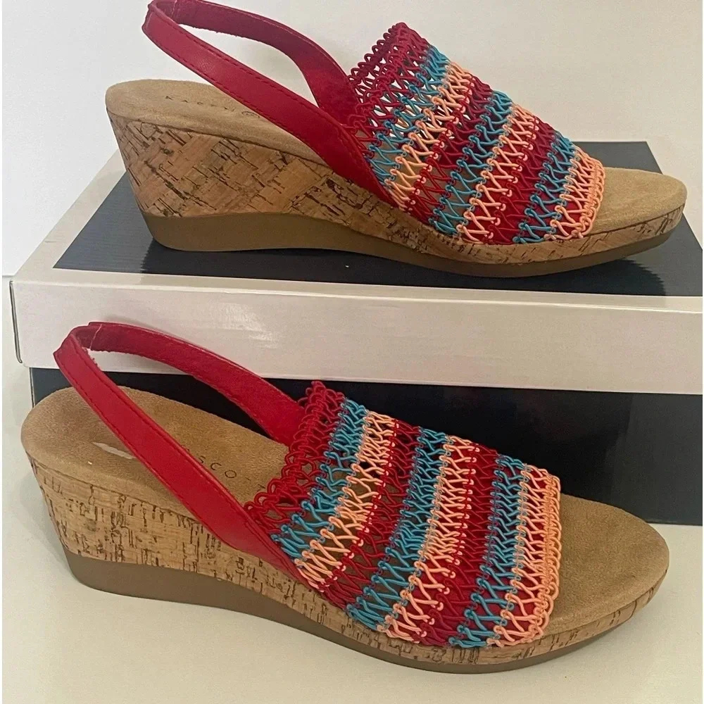 KAREN SCOTT Womens Cushioned Wedge Slip On Slingback sandals sz 9 red blue pink - Picture 2 of 14